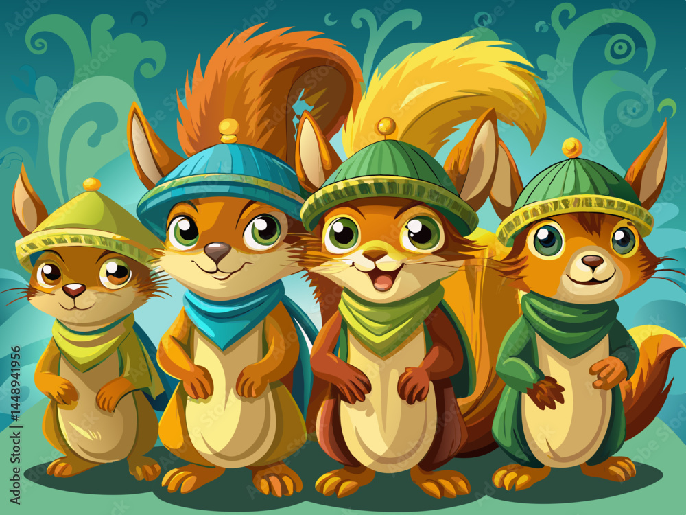 Obraz premium vector of Four fantasy squirrels with textured hats for desktop backgrounds and more
