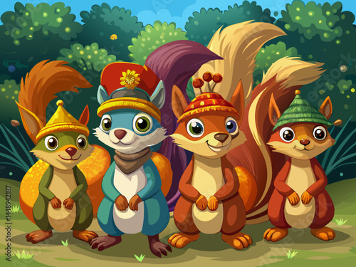 vector of Four fantasy squirrels with textured hats for desktop backgrounds and more