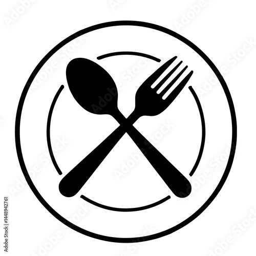 A simple black vector illustration of a spoon and fork crossed on a plate. Perfect for restaurant menus, food blogs, and culinary websites.