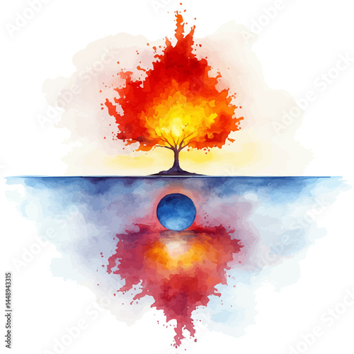 Balance Beam On Fire, vector watercolor illustration, isolated on a white background.