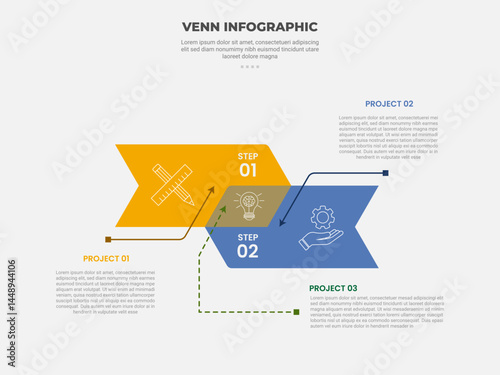venn diagram infographic outline style with 2 point template with big arrow shape opposite direction for slide presentation
