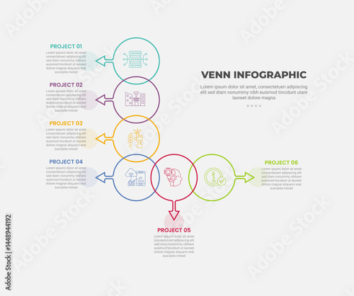 venn diagram infographic outline style with 6 point template with outline circle with arrow line with big arrow shape structure for slide presentation