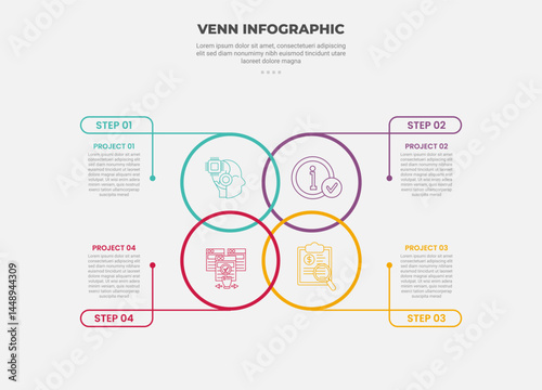 venn diagram infographic outline style with 4 point template with outline circle on matrix structure with swirl curve line pointer for slide presentation