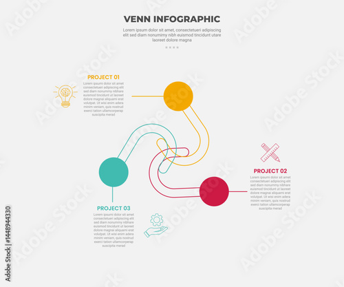 venn diagram infographic outline style with 3 point template with circle base with double thick line for slide presentation