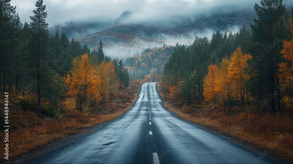 Misty Autumnal Road Through Scandinavian Forest