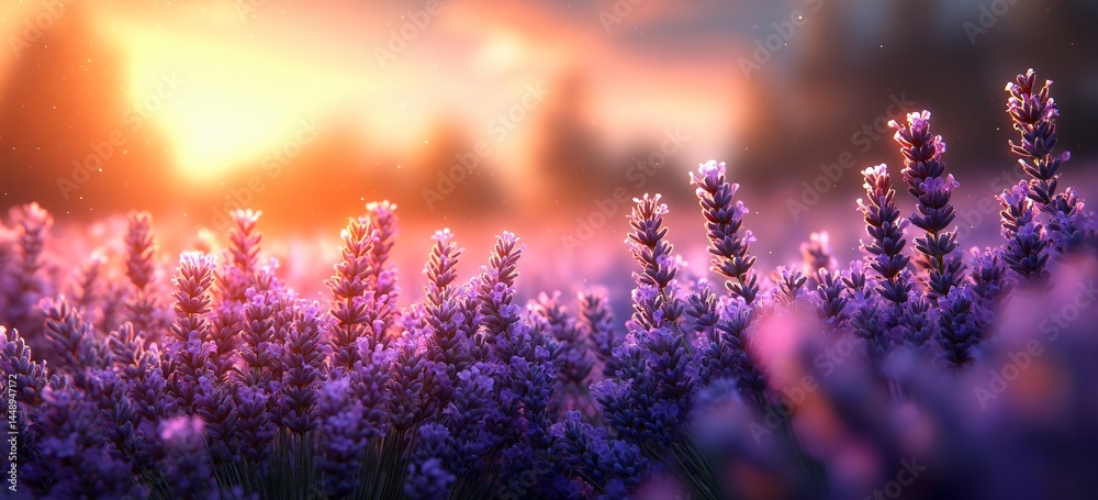 Naklejka premium Vibrant purple lavender field at sunset. Serene landscape with bokeh, soft light, & subtle breeze. Ideal for peaceful designs, spring promotions, or floral themes.
