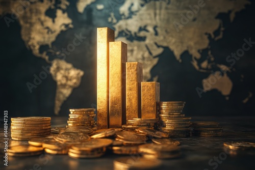 Gold bars chart over a pile of gold coins, against a world map background.  The bars represent increasing value, with a slight decrease at the end