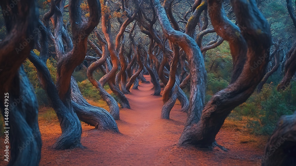 Naklejka premium Twisted trees path forest