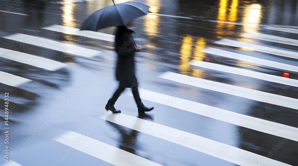 Obraz premium Woman walking with umbrella across wet crosswalk on rainy day, city lights reflecting on the pavement, motion blur conveying movement and urban atmosphere.