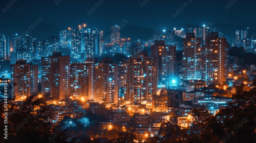 Dynamic urban skyline at night, showcasing illuminated buildings in a vibrant city Dynamic urban skyline at night, showcasing illuminated buildings in a vibrant city
