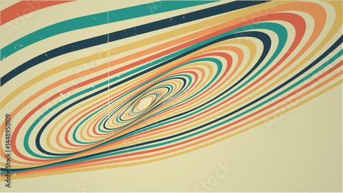 70s retro perspective groovy swirl lines rainbow background. Vintage grunge colourful stripes banner, backdrop and wallpaper vector.	
