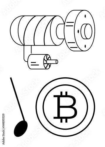 Mechanical device components with cylindrical shapes, spoon, and Bitcoin coin. Ideal for technology, cryptocurrency, industry, engineering, modern innovation finance progress. Flat simple metaphor