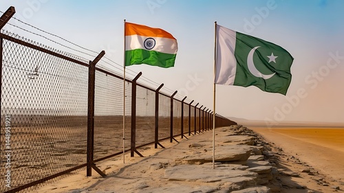 long border fence stretches into the distance with the Indian flag on one side and the Pakistani flag on the other. Rocky or desert between Pak vs India conflict war created with generative ai 