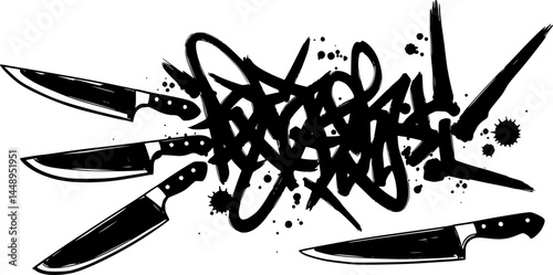 knifes Abstract ink drawing, chaotic lines and splatters, black and white, pen sketches, gestural marks, expressionist style, scribbles and doodles, minimalist composition, artistic chaos, vector