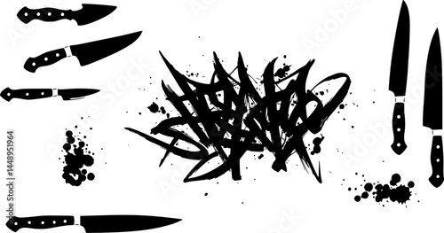 knifes Abstract ink drawing, chaotic lines and splatters, black and white, pen sketches, gestural marks, expressionist style, scribbles and doodles, minimalist composition, artistic chaos, vector