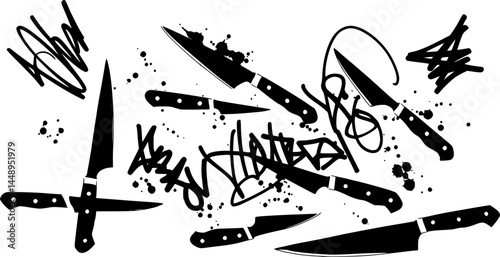 knifes Abstract ink drawing, chaotic lines and splatters, black and white, pen sketches, gestural marks, expressionist style, scribbles and doodles, minimalist composition, artistic chaos, vector