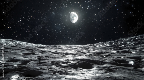 Planet view from moon, surrounded by starry space. [Dream Architectures] | Infinite Courtyards | endless space. Illustration