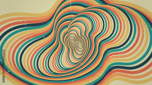 70s retro perspective groovy swirl lines rainbow background. Vintage grunge colourful stripes banner, backdrop and wallpaper vector.	
