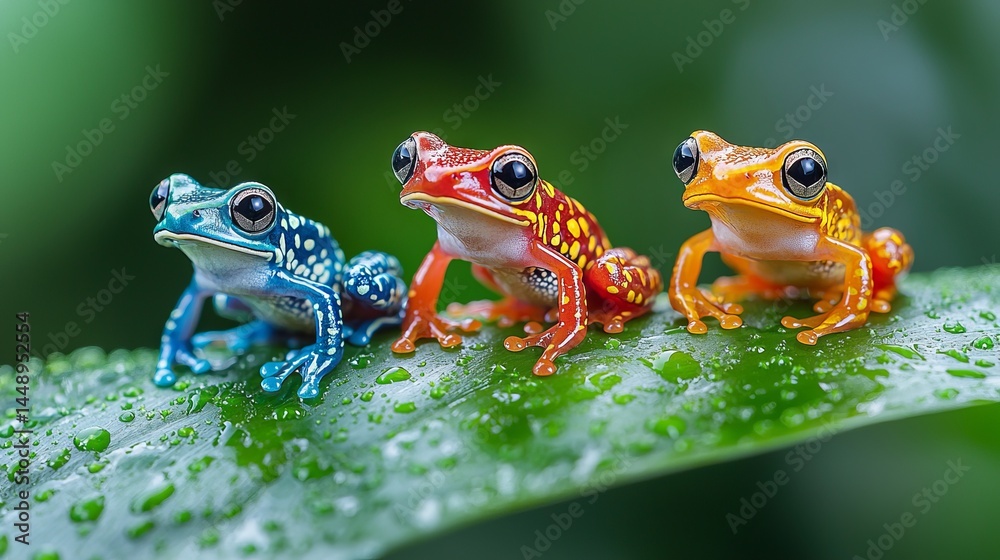 Naklejka premium Colorful Frogs on Leaf in Rainforest Setting with Water Droplets