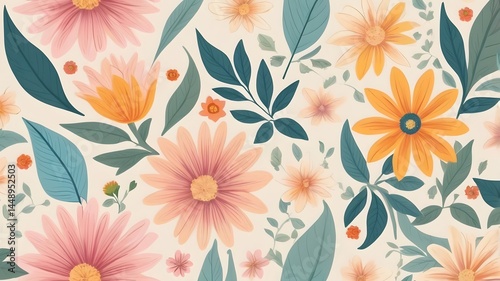 Wallpaper Mural Seamless floral pattern with pastel pink and orange flowers, teal leaves, and a beige background.  A cheerful and vibrant design, perfect for textile prints and other design projects. Torontodigital.ca