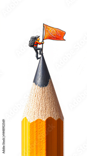 Figure holding flag standing on top of pencil tip symbolizing achievement