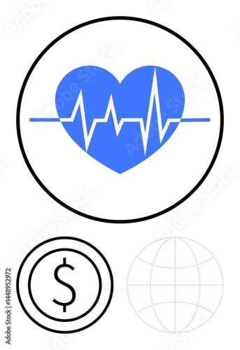 Blue heart with ECG line, black dollar coin, and faint globe outline highlight themes of health, finance, and global connectivity. Ideal for healthcare, insurance, innovation, economic growth