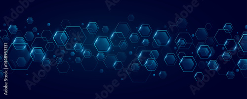 Abstract blue hexagons for Business or Science background. Cyber futuristic honeycomb mosaic. Scientific research presentation backdrop for online webinar or business conference. Vector Illustration