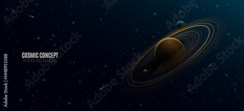 Abstract planet Saturn with ring around and colorful glowing starry sky. Black outer space concept. Deep cosmos. Scientific presentation backdrop. Vector illustration