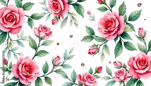 Wallpaper Mural Delicate watercolor roses, leaves, & buds, forming a continuous elegant pattern , rose pattern, elegant, flower Torontodigital.ca