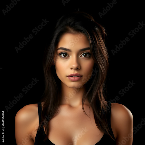 frontal portrait of latina girl in studio isolated on black background, alternative modeling concept.