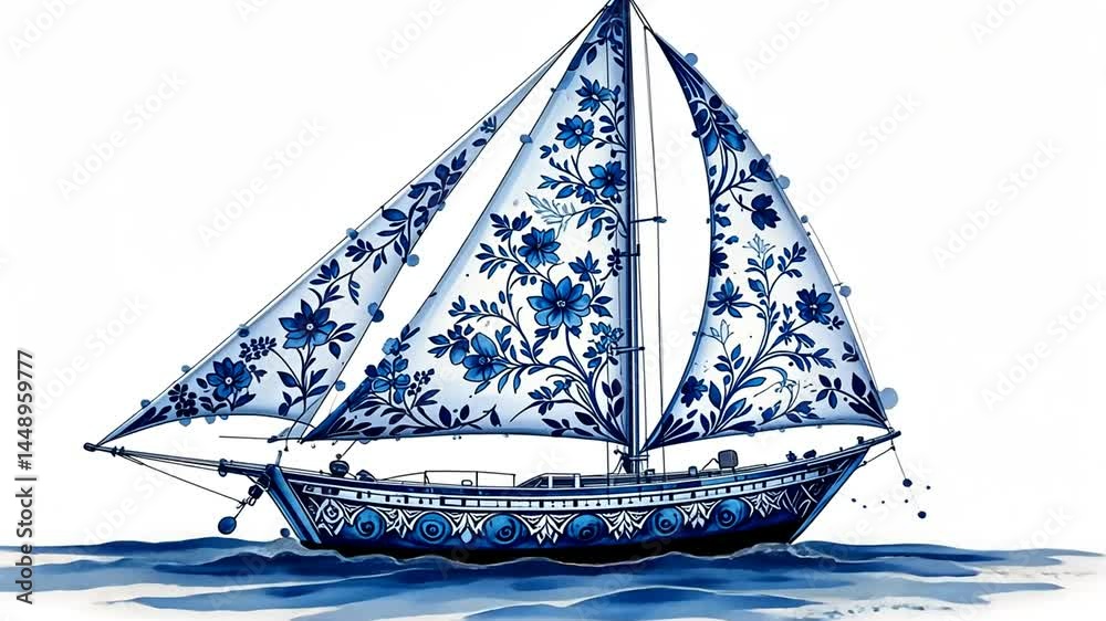 watercolor painting and drawing technique – sailboat on a white background.