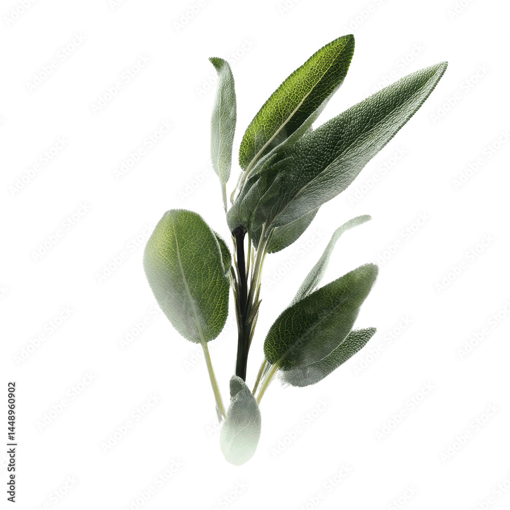 Obraz premium Fresh Sage Sprig with Dew Drops - Isolated on White