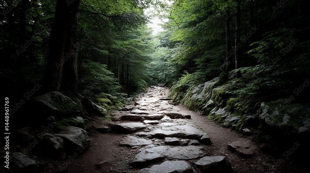 Obraz premium Winding Stone Pathway through a Dense Forest Landscape with Lush Greenery