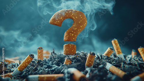 A smoky question mark floating over pile of cigarette stubs with ash and burning tips, symbolizing health concerns and addiction risks