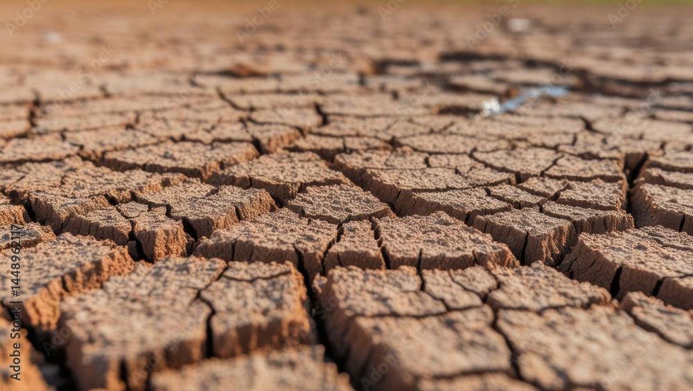 Fototapeta premium Dry cracked soil surface with deep fissures showing drought effects on agriculture and need for water pumps to support irrigation