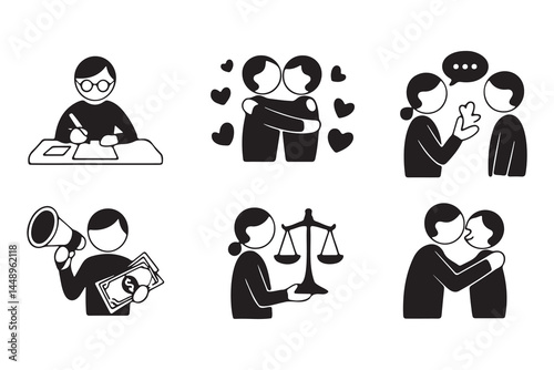 Simple Black and White Icons Depicting Social Interactions