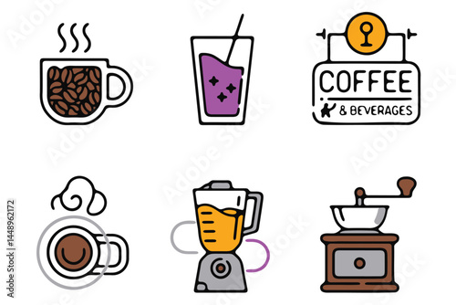 Simple Line Art Icons of Coffee and Beverages
