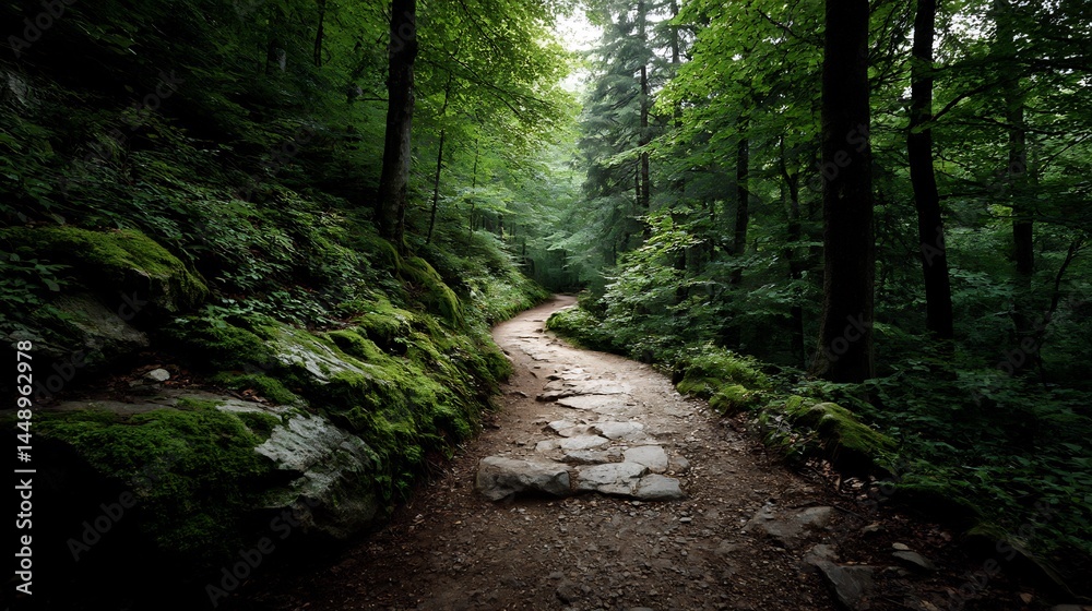 Obraz premium Enchanting woodland pathway covered with stones in a densely forested landscape