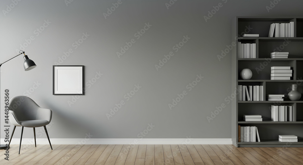 Fototapeta premium Modern Minimalist Interior with Empty Frame and Bookshelf