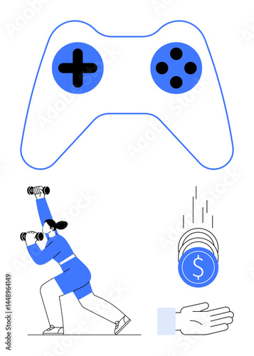 Gaming device symbol above fitness enthusiast lifting dumbbells and hand receiving coins. Ideal for gaming, fitness, lifestyle, balance, multitasking, finance, simple landing page