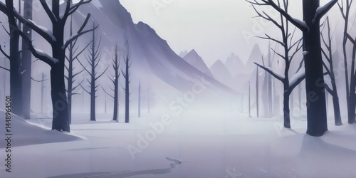 Foggy forest in a snow-covered winter landscape, with mist veiling frosty trees and quiet wilderness. A serene digital illustration capturing the calm and stillness of a frozen season.