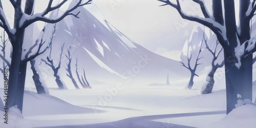 A winding path through a snowy forest with distant mountains under a pale winter sky. A serene digital illustration capturing the calm, scenic beauty of a tranquil winter landscape.