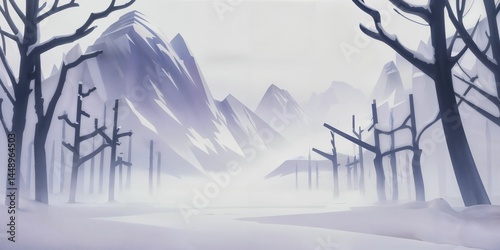Misty valley with snow-covered trees and mountains, shrouded in fog and frozen stillness. A serene winter landscape capturing the peaceful, untouched beauty of a snowy wilderness.
