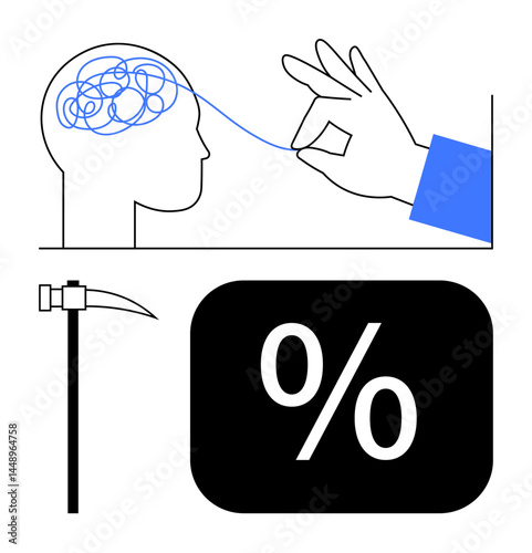 Hand untangling a messy head, pickaxe symbolizing effort, and percentage sign for analysis. Ideal for mental clarity, problem-solving, productivity, finance, analytics strategy and simplicity. Flat