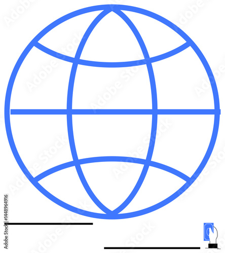 Blue globe with grid lines symbolizing worldwide web next to a smartphone icon with tapping gesture. Ideal for communication, technology, innovation, connectivity, globalization, internet, digital