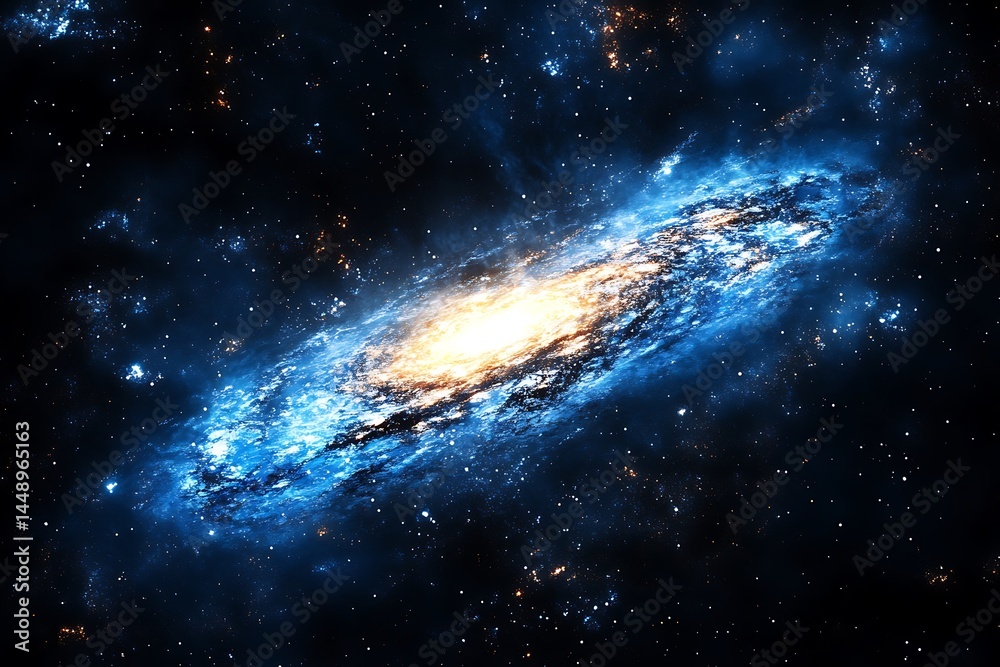 Fototapeta premium A breathtaking cosmic swirl a vibrant blue and gold galaxy ablaze with stellar energy glowing intensely against the dark