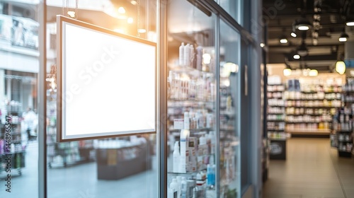 Blank Store Sign Pharmacy Retail Mockup Template Modern Design Window Display Advertising Signage Empty Space Branding Product Presentation Showcase Commercial Business  
