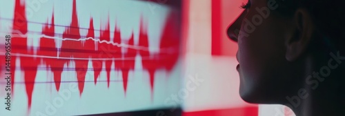 Detector of lies. A person looks at the computer screen with a graph on it. He wears glasses. The schedule shows the tendency to reduce