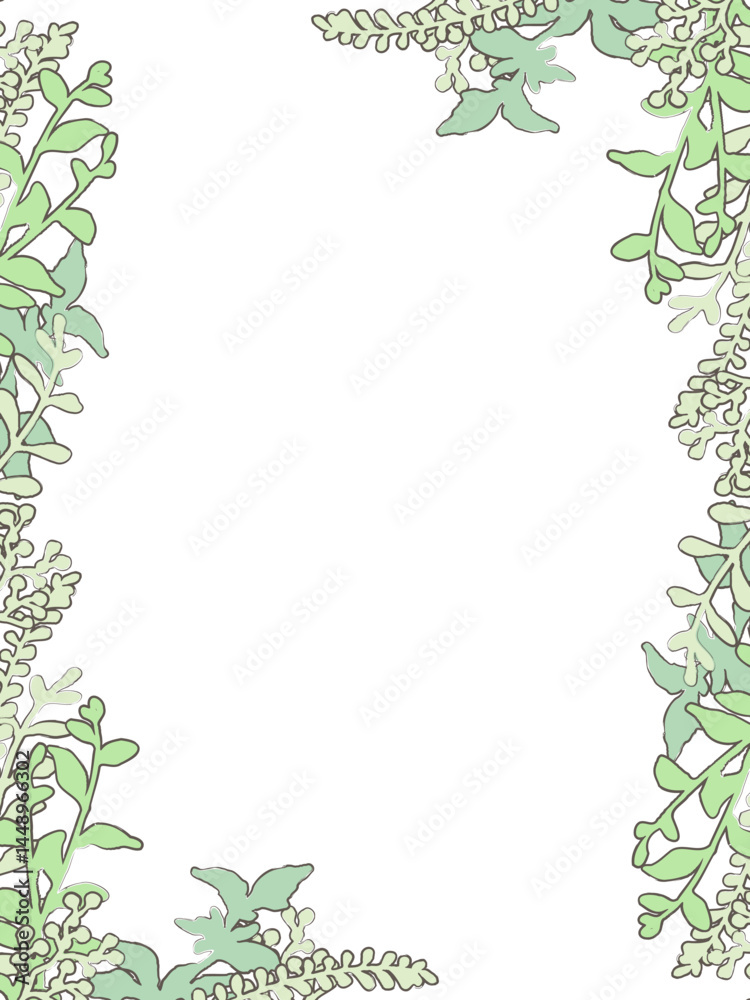 Naklejka premium 手描き風・ナチュラルな雰囲気の、植物のフレーム型背景