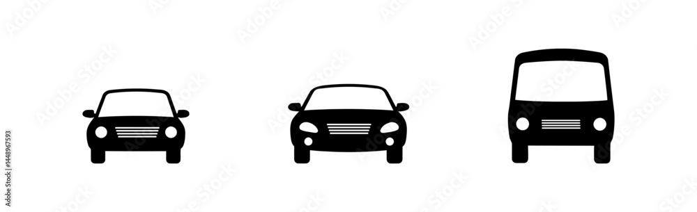 Obraz premium Automotive vehicle family, front view icons, various sizes, showcasing car, sedan and bus silhouettes, transport concept, on a transparent background